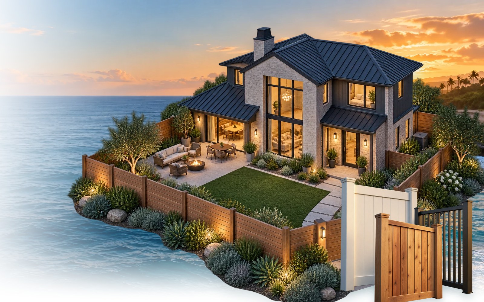 Illustration of a coastal home with a landscaped backyard and cedar fence at golden hour, with white vinyl, natural cedar and dark aluminum panels in front.
